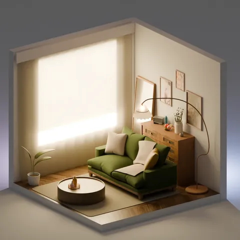 Cozy Green Sofa Living Room - Blender scenes