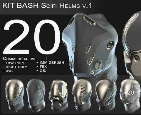 20 Sci-Fi Helmets Kitbash - Blender 3d models