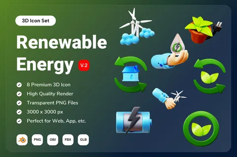 Renewable Energy 3D Icon Set V2 - Blender 3d models