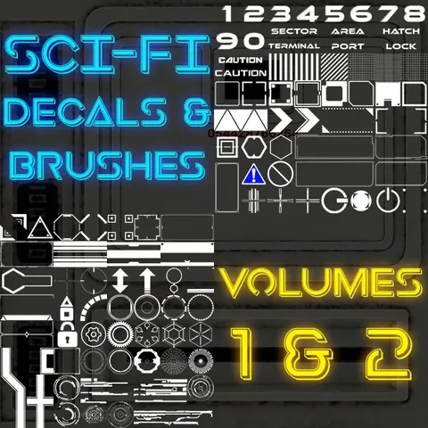 Sci-Fi Decals & Brushes Vol 1 & 2 - Blender textures & materials