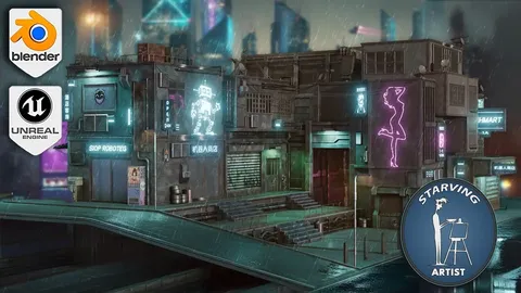 Stylized Cyberpunk Downtown Kitbash - Blender 3d models