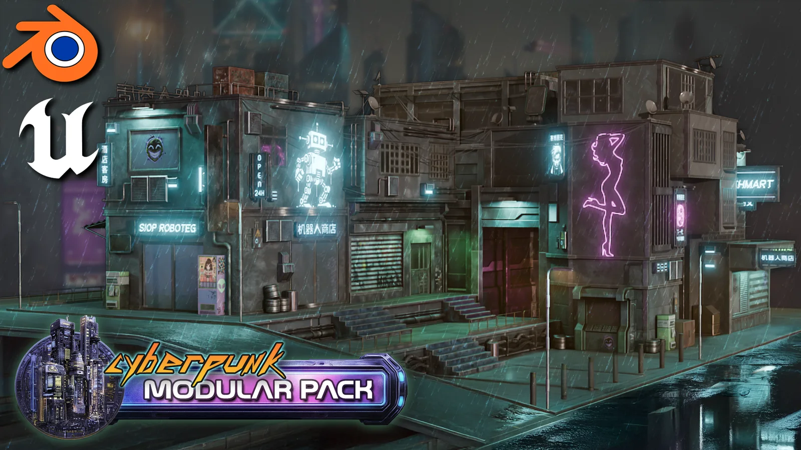 Stylized Cyberpunk Downtown Kitbash screenshot 2